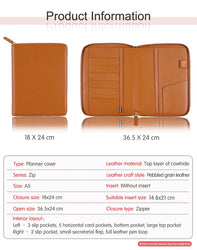 Moterm Genuine Pebbled Grain Leather A5 Zip Cover with Top Pocket Cowhide Planner Zipper Notebook Organizer Agenda Journal Diary