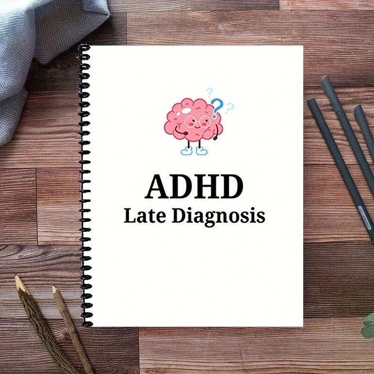 ADHD Late Diagnosis Planner Worksheets for Adults - Brain Illustration Cover, Overcome Procrastination & Problem Solving Tools