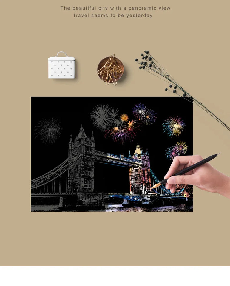 4 Pcs Magic Scratch Paper, City Night Scene Clip Art, Hot Air Balloon, Eiffel Tower, Adult Stress Relief Toy, Creative Gift