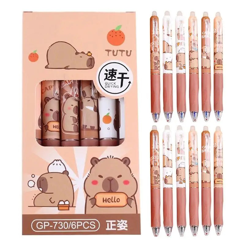 6Pcs Capybara Gel Pens Set Quickly-Drying 0.5mm Blue Erasable Pens Office School Supplies Student Stationery Gifts