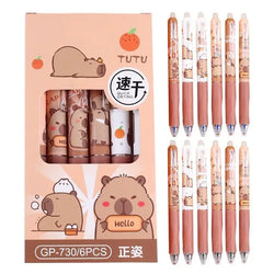 6Pcs Capybara Gel Pens Set Quickly-Drying 0.5mm Blue Erasable Pens Office School Supplies Student Stationery Gifts