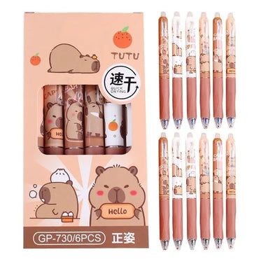 6Pcs Capybara Gel Pens Set Quickly-Drying 0.5mm Blue Erasable Pens Office School Supplies Student Stationery Gifts