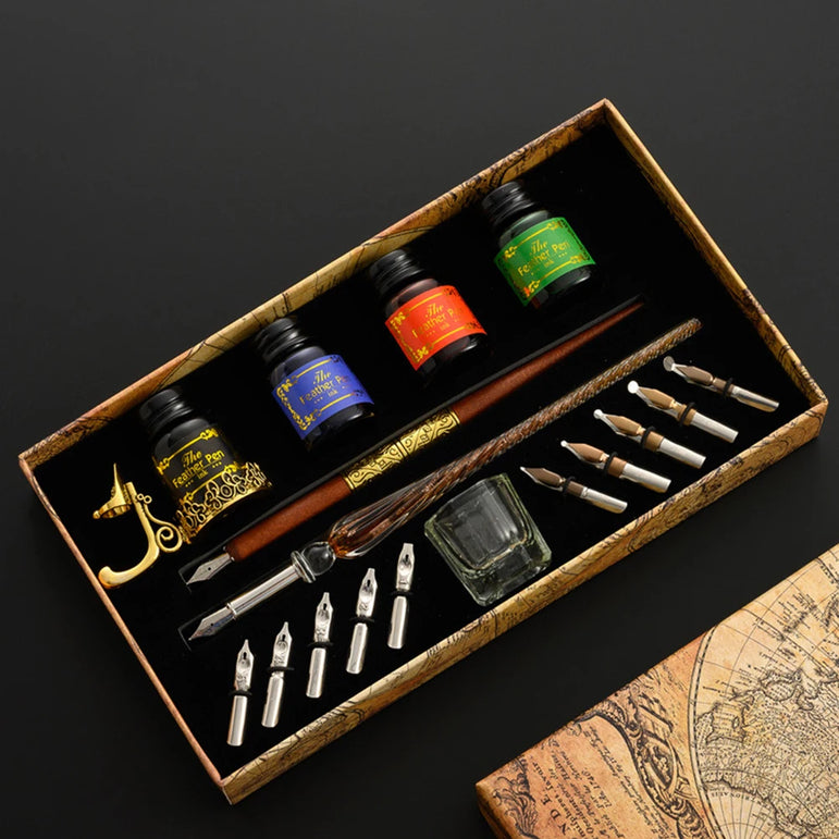 European Dip Pen Fountain Retro Starry Sky Glass Ink Calligraphy Student Writing Exquisite Stationery Dip Pen Sets Gift
