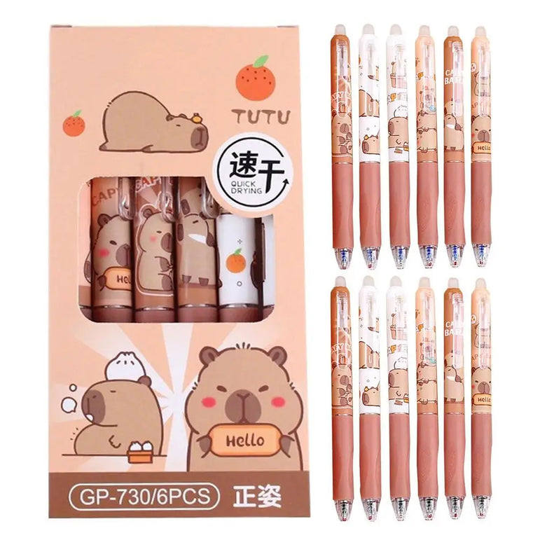 6Pcs Capybara Gel Pens Set Quickly-Drying 0.5mm Blue Erasable Pens Office School Supplies Student Stationery Gifts