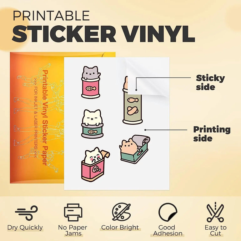 HTVRONT 100 Sheets 8.5x11in Matte Glossy Printable Vinyl Sticker Paper Waterproof Copy Paper For Inkjet Printer Dries Quickly