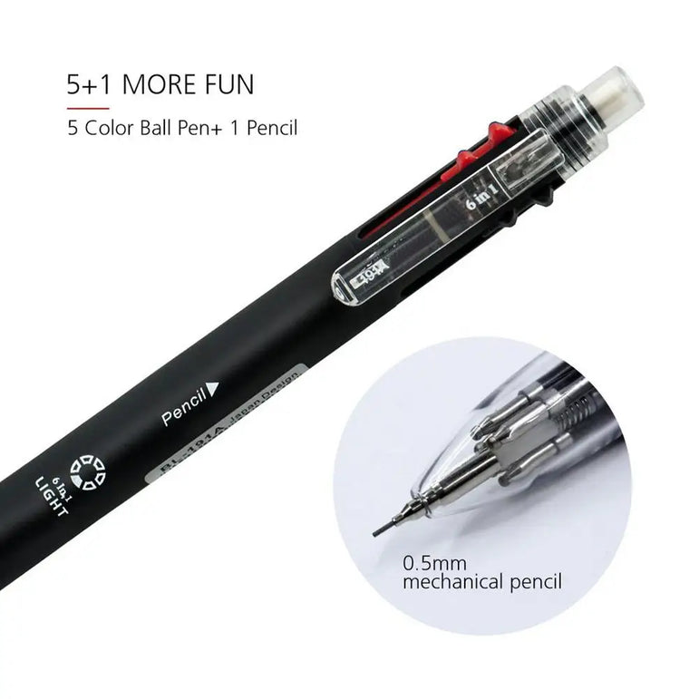 6 In 1 Multicolor Ballpoint Pen 5 Colors Ball Pen Creative Multicolor Ballpoint Pen 1 Automatic Pencil With Eraser for School