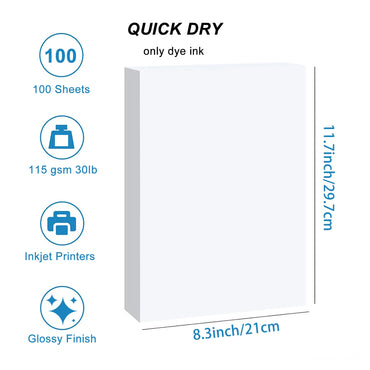 100 Sheets A4 Glossy Single-Sided Photo Paper 115gsm for Inkjet Printing - Premium Quality Photo Printing Paper Sheets
