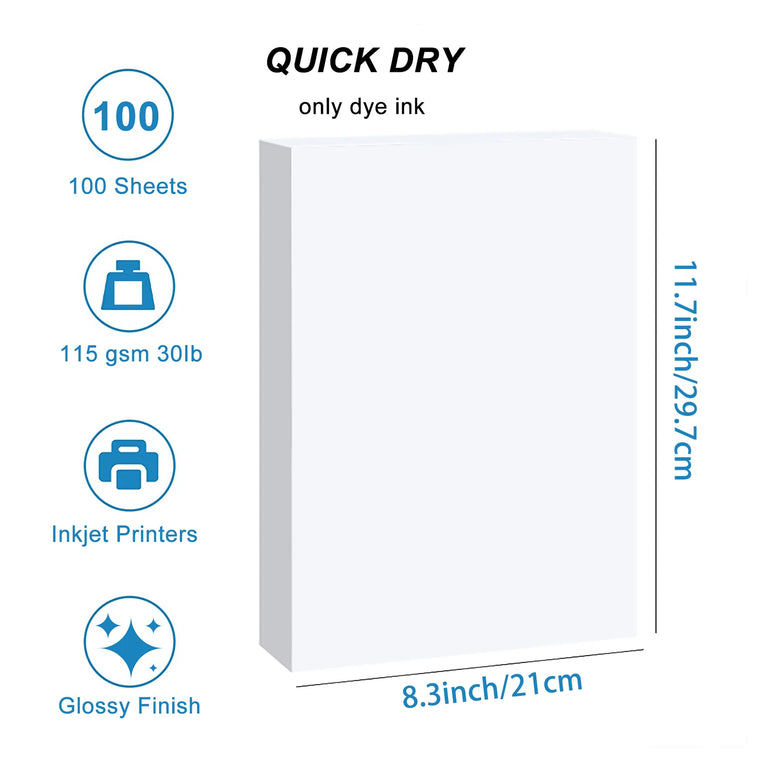 100 Sheets A4 Glossy Single-Sided Photo Paper 115gsm for Inkjet Printing - Premium Quality Photo Printing Paper Sheets