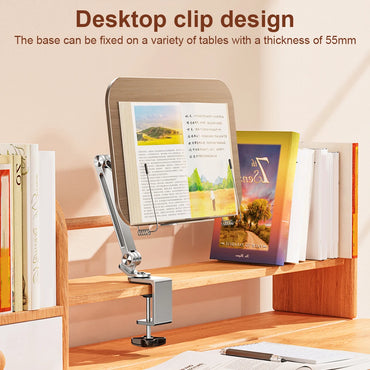 Book Stand for Reading Adjustable with 360° Rotating Base with Elastic Page Clip for Recipe Cookbooks Magazines Tablets Laptops