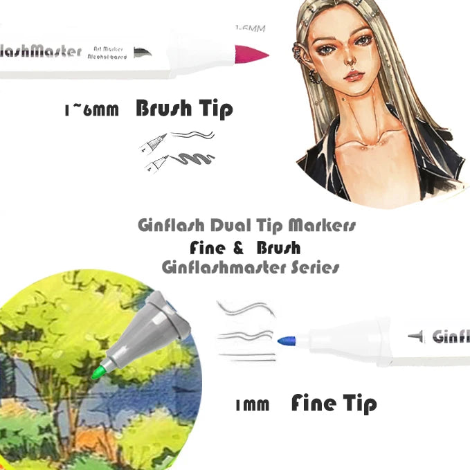 Ginflash Brush & Fine Comic Art Markers Brush Pen Sketch Alcohol Based Markers Dual Head Manga Drawing Art Supplies DP080