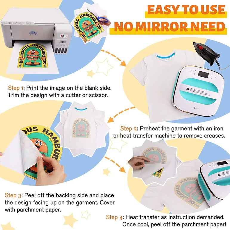HTVRONT 20pcs Light&Dark Fabric 8.5x11in Heat Transfer Paper Sheets DIY Cotton T-Shirt Iron On Transfer Paper for Inkjet Printer