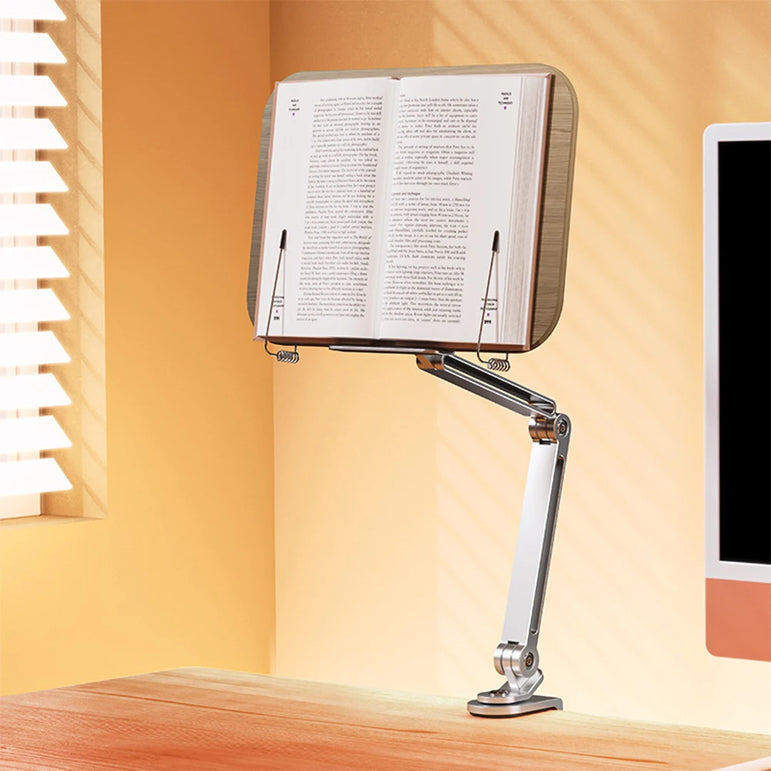 Book Stand for Reading Adjustable with 360° Rotating Base with Elastic Page Clip for Recipe Cookbooks Magazines Tablets Laptops