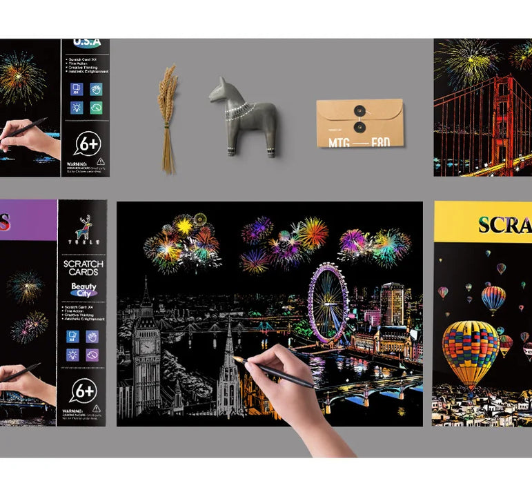 4 Pcs Magic Scratch Paper, City Night Scene Clip Art, Hot Air Balloon, Eiffel Tower, Adult Stress Relief Toy, Creative Gift