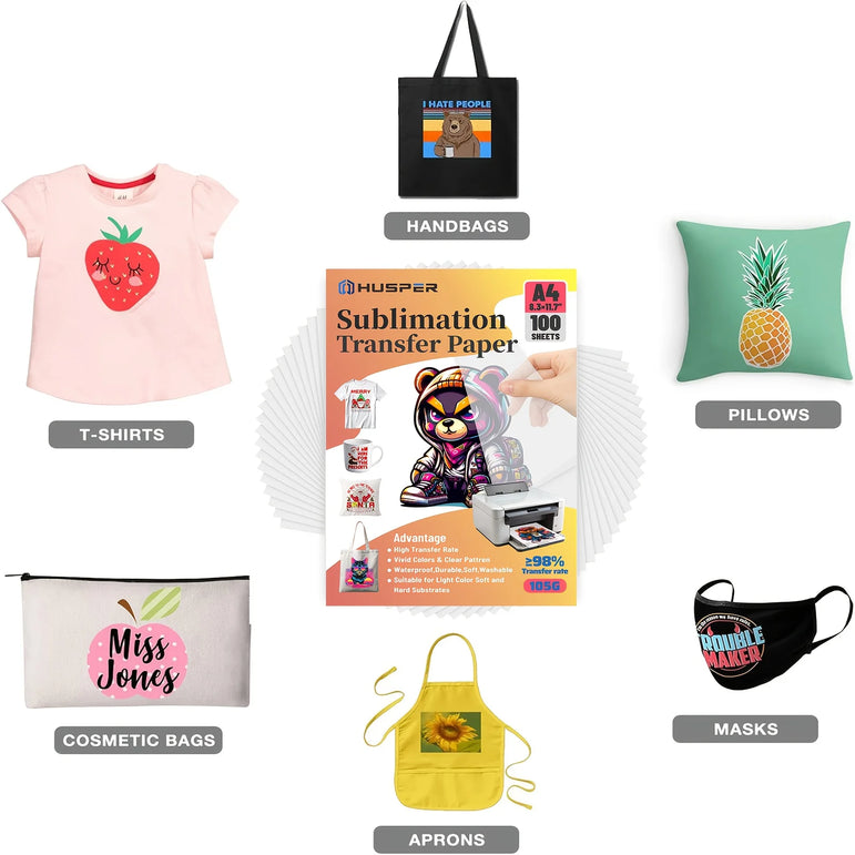 HUSPER A4 Sublimation Paper 100 Sheets 105g Compatible with Inkjet Printer Heat Transfer for T-shirts Mugs Personalized Projects