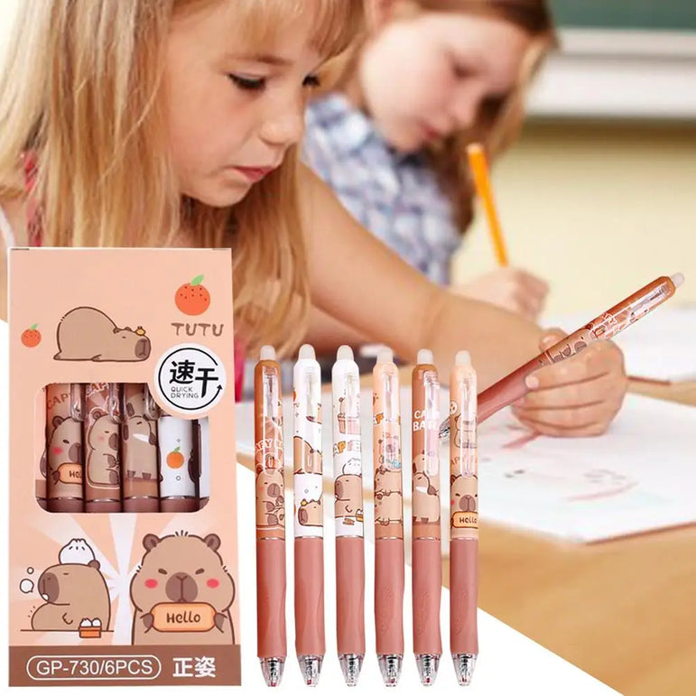 6Pcs Capybara Gel Pens Set Quickly-Drying 0.5mm Blue Erasable Pens Office School Supplies Student Stationery Gifts