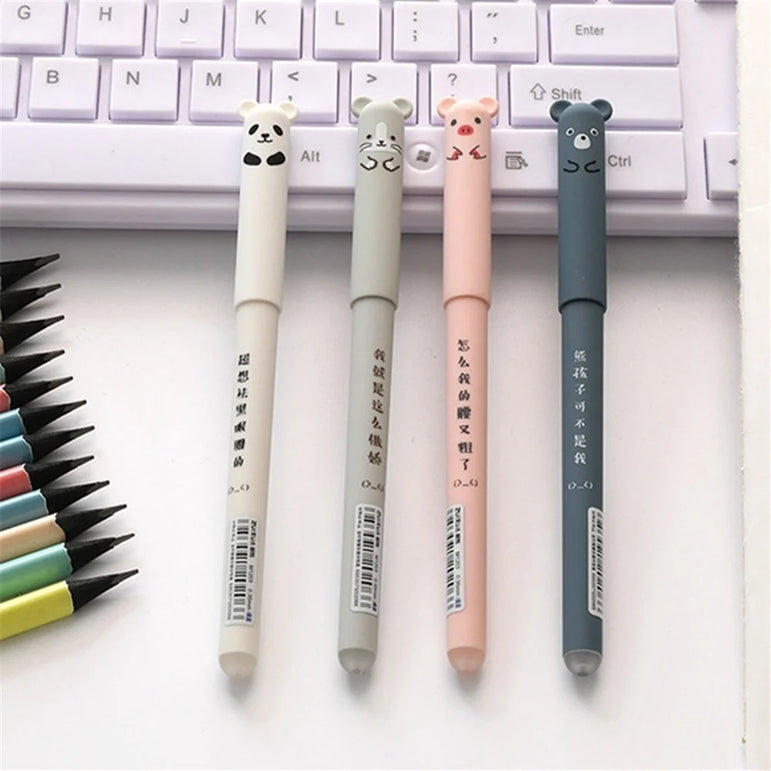 4pcs Cartoon Animals Erasable Gel Pen 0.35mm Refill Rods Kawaii Panda Pig Cat Ballpoint Pen Washable Handle For School Supplies