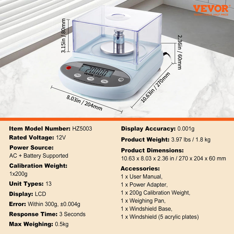 VEVOR Analytical Balance 600x 0.01g Accuracy High Precision Lab Scale LCD Display Digital Jewelry Weighing Scale for Lab Jewelry