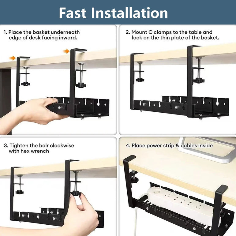Under Desk Cable Management Tray Clamp Mounted Under Desk Cable Shelf Retractable Cable Storage Rack for Cords Wires Power Strip