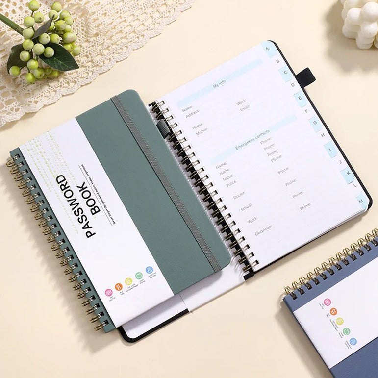 Spiral Password Keeper Book 56 Sheets Alphabetical Tabs Notebook PU Leather Cover Pen Holder Secure Internet Password Organizer