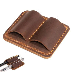 Retro Pen Pencil Holder Double Pen Clip PU Anti Lost Pen Organizer For Travel Notebook Pen Insertion Stainless Steel Pen Cover