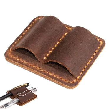 Retro Pen Pencil Holder Double Pen Clip PU Anti Lost Pen Organizer For Travel Notebook Pen Insertion Stainless Steel Pen Cover