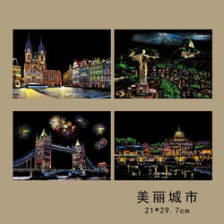 4 Pcs Magic Scratch Paper, City Night Scene Clip Art, Hot Air Balloon, Eiffel Tower, Adult Stress Relief Toy, Creative Gift