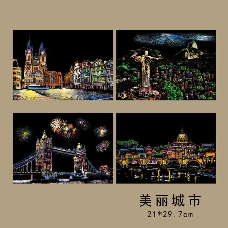 4 Pcs Magic Scratch Paper, City Night Scene Clip Art, Hot Air Balloon, Eiffel Tower, Adult Stress Relief Toy, Creative Gift