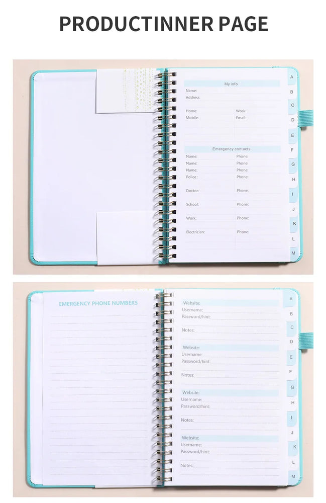 Spiral Password Keeper Book 56 Sheets Alphabetical Tabs Notebook PU Leather Cover Pen Holder Secure Internet Password Organizer