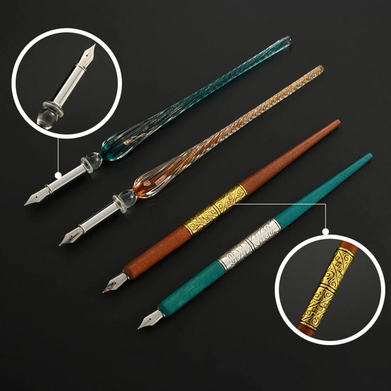 European Dip Pen Fountain Retro Starry Sky Glass Ink Calligraphy Student Writing Exquisite Stationery Dip Pen Sets Gift