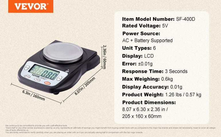 VEVOR Analytical Balance 600x 0.01g Accuracy High Precision Lab Scale LCD Display Digital Jewelry Weighing Scale for Lab Jewelry