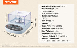 VEVOR Analytical Balance 600x 0.01g Accuracy High Precision Lab Scale LCD Display Digital Jewelry Weighing Scale for Lab Jewelry